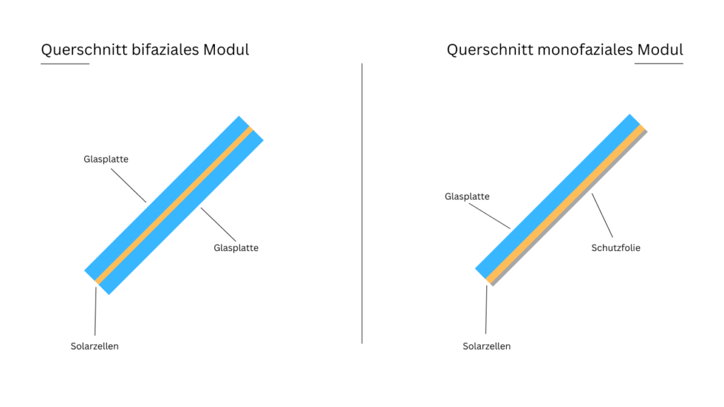 Querschnitt eine bifazialen Moduls im Vergleich zu einem herkömmlichen Solarmodul