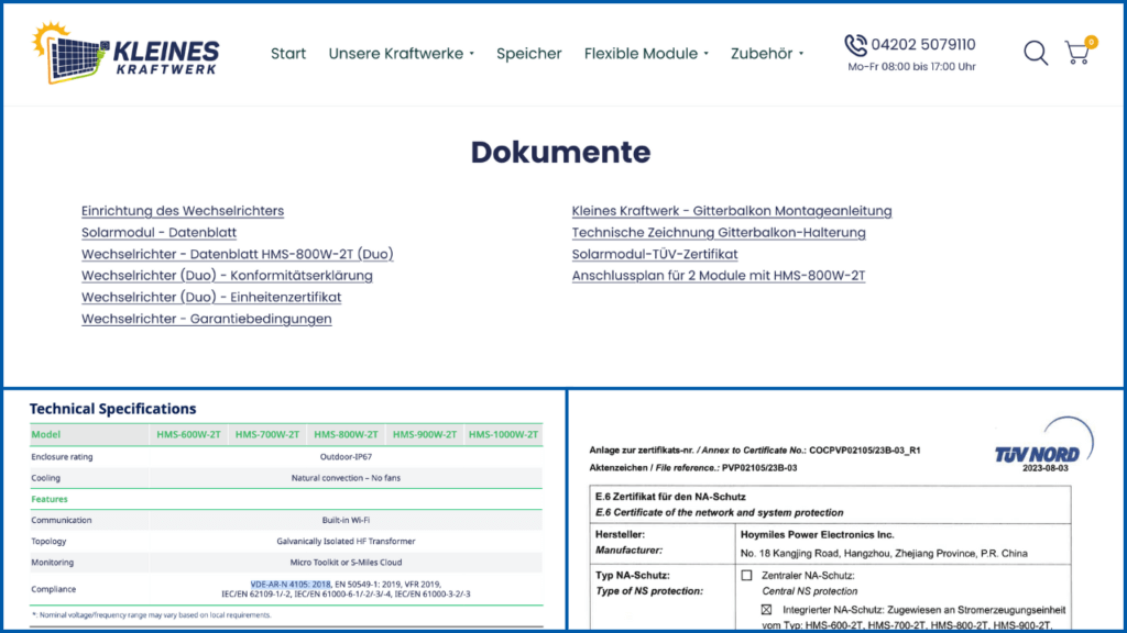 Screenshot von technischen Spezifikationen eines Balkonkraftwerks von Kleines Kraftwerk. (Screenshot: PV Insider / Kleines Kraftwerk)